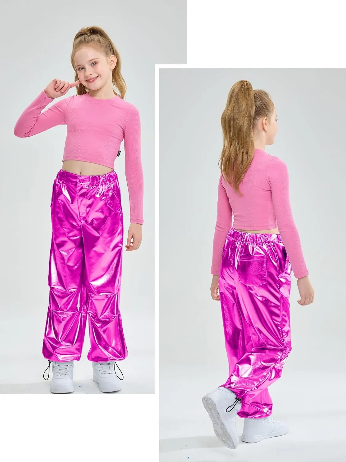 LOLANTA Girls Metallic Jogger Pants, Shiny Jazz Street Hip Hop Dance Pants 7-16, Convertible Leg Opening