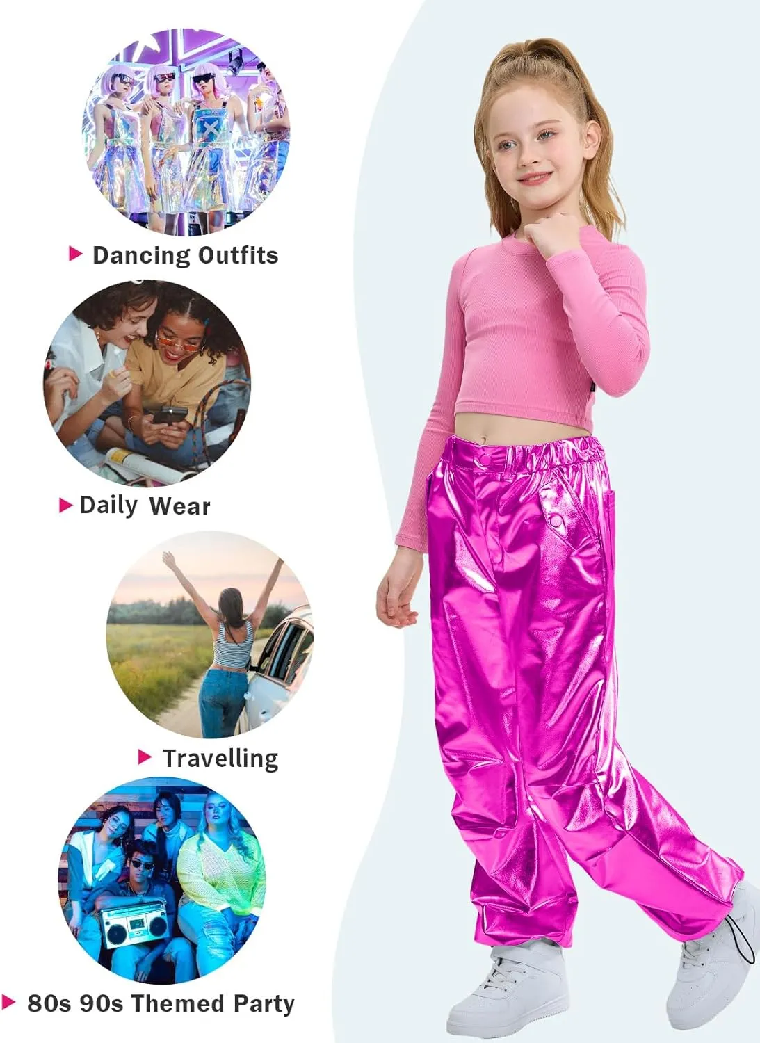 LOLANTA Girls Metallic Jogger Pants, Shiny Jazz Street Hip Hop Dance Pants 7-16, Convertible Leg Opening