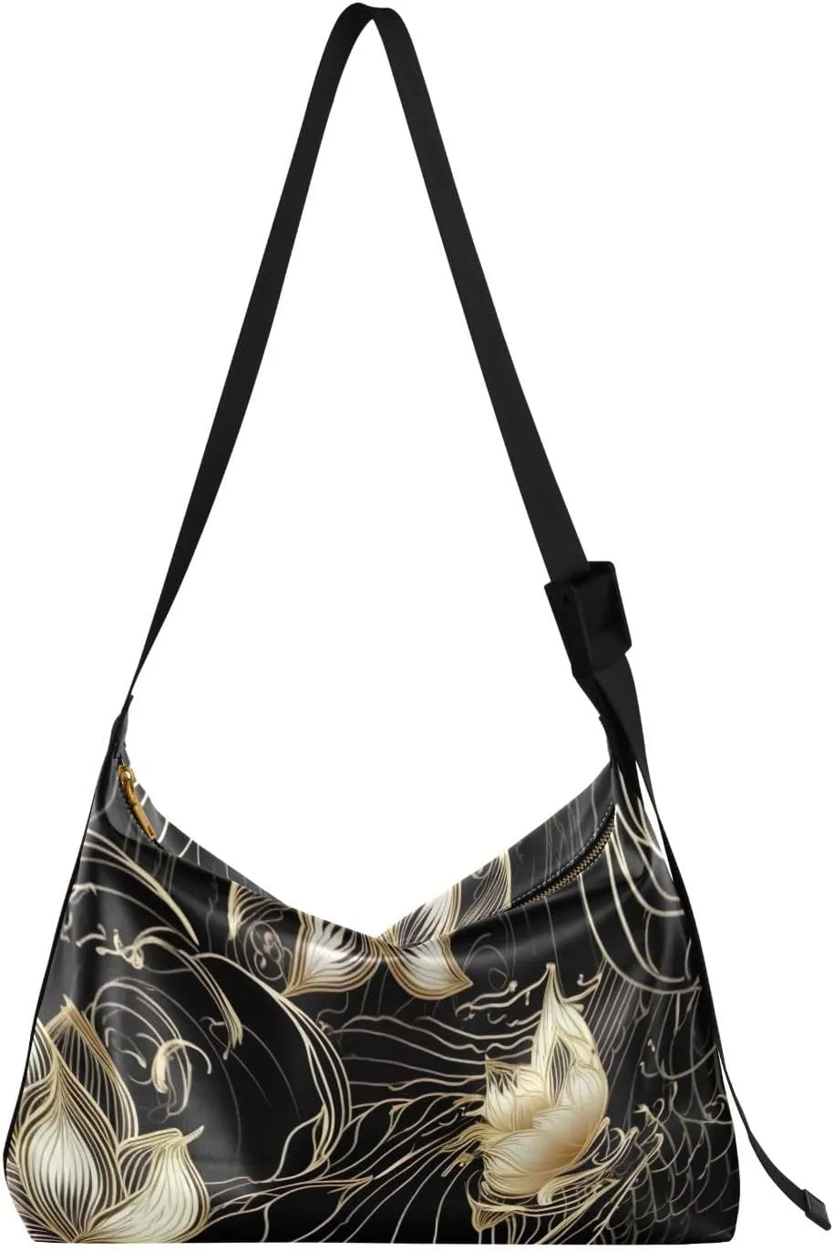 Lotus Gold Black Tote Bag for Women Large Hobo Bags Leather Crossbody Bags Shoulder Slouchy Handbags with Adjustable Strap for Women Girl