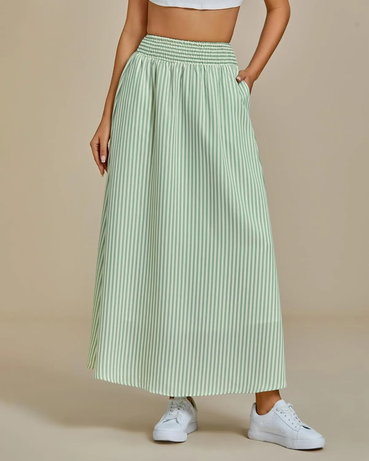 luvamia Striped Skirts for Women Maxi Long Flowy Trendy Smocked Elastic Waist Summer Beach Vacation Skirt with Pockets