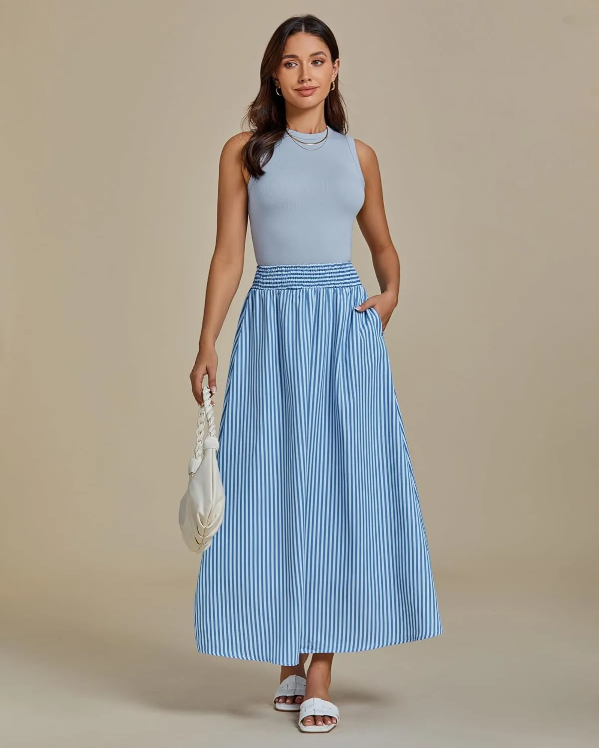 luvamia Striped Skirts for Women Maxi Long Flowy Trendy Smocked Elastic Waist Summer Beach Vacation Skirt with Pockets