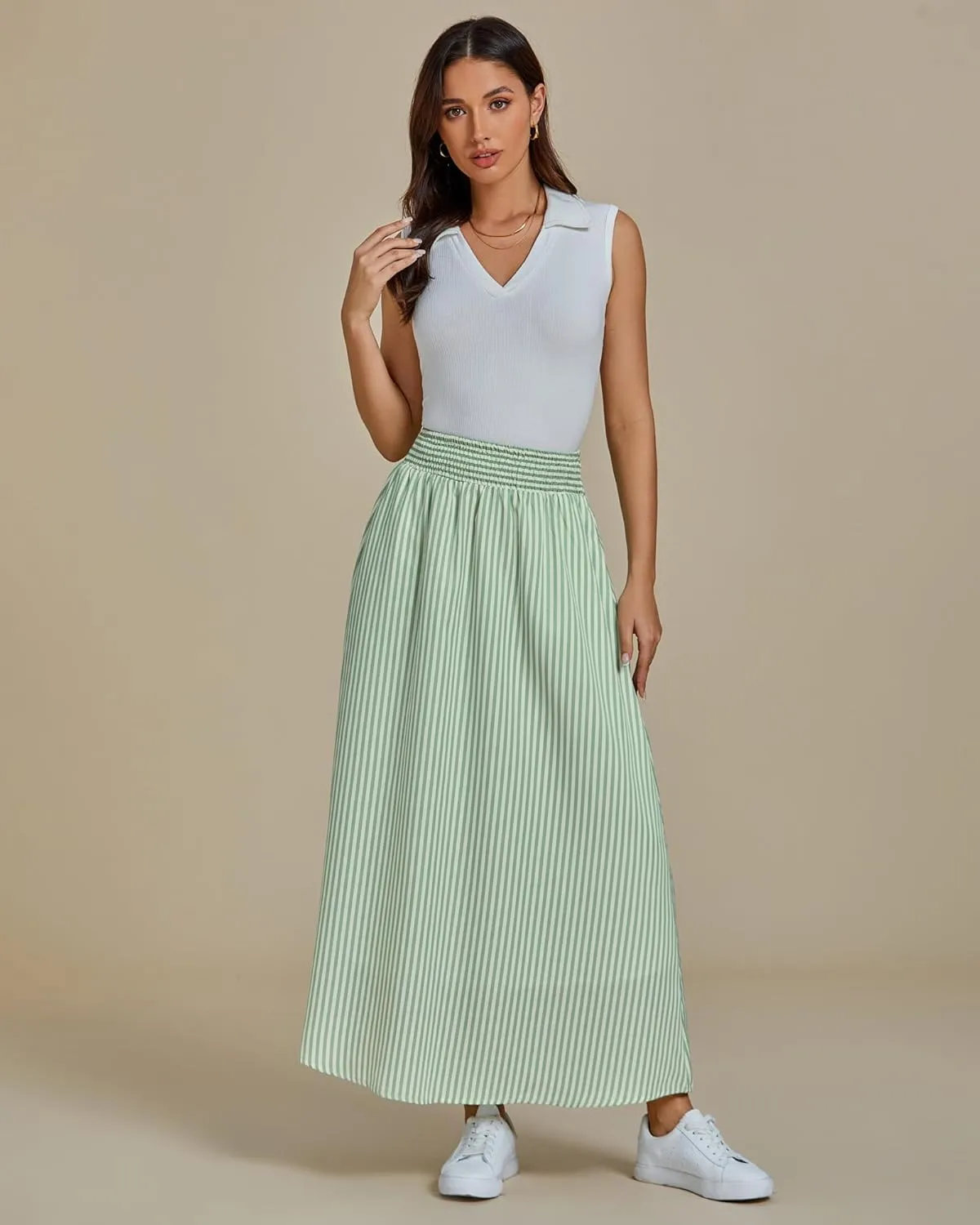 luvamia Striped Skirts for Women Maxi Long Flowy Trendy Smocked Elastic Waist Summer Beach Vacation Skirt with Pockets