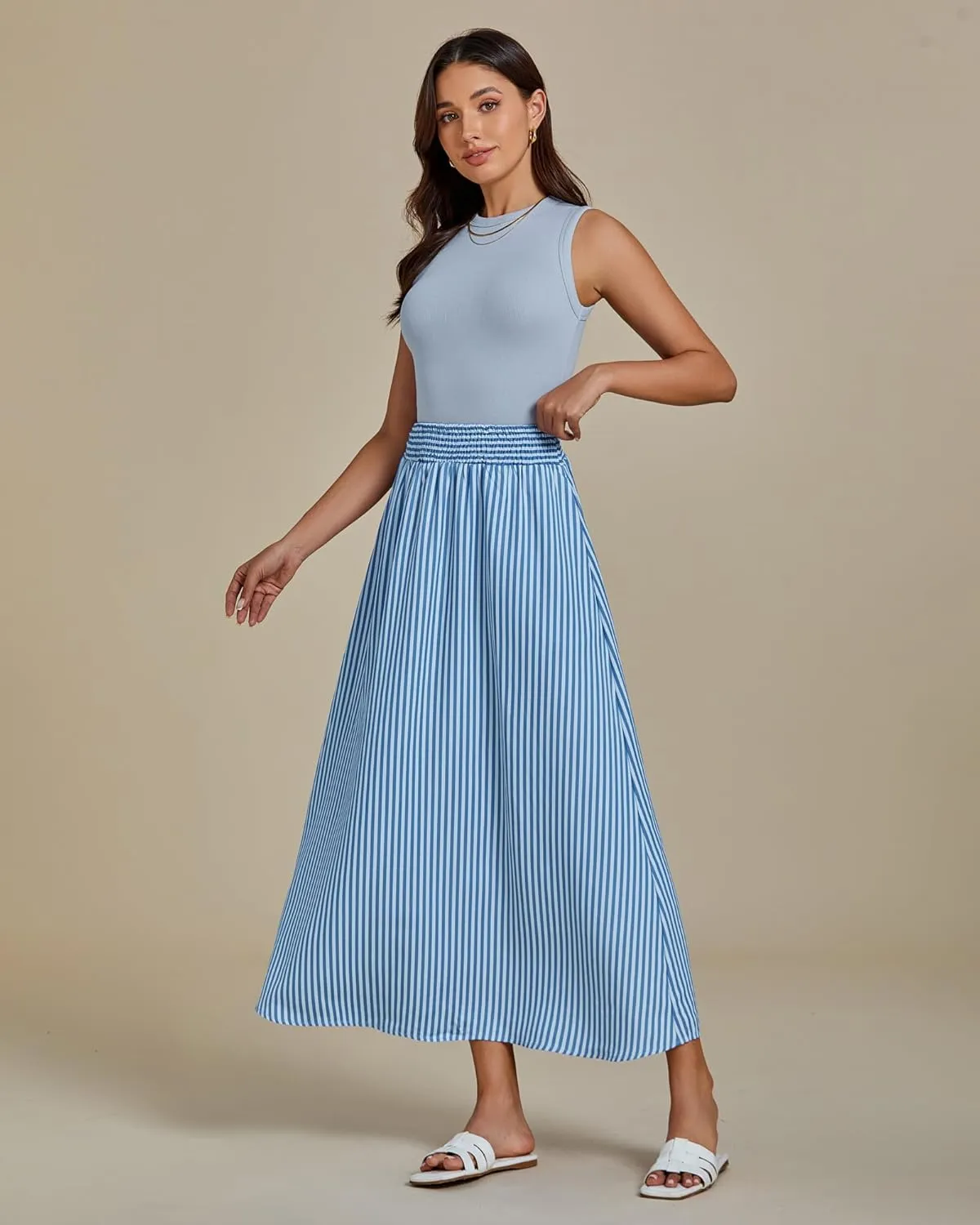 luvamia Striped Skirts for Women Maxi Long Flowy Trendy Smocked Elastic Waist Summer Beach Vacation Skirt with Pockets