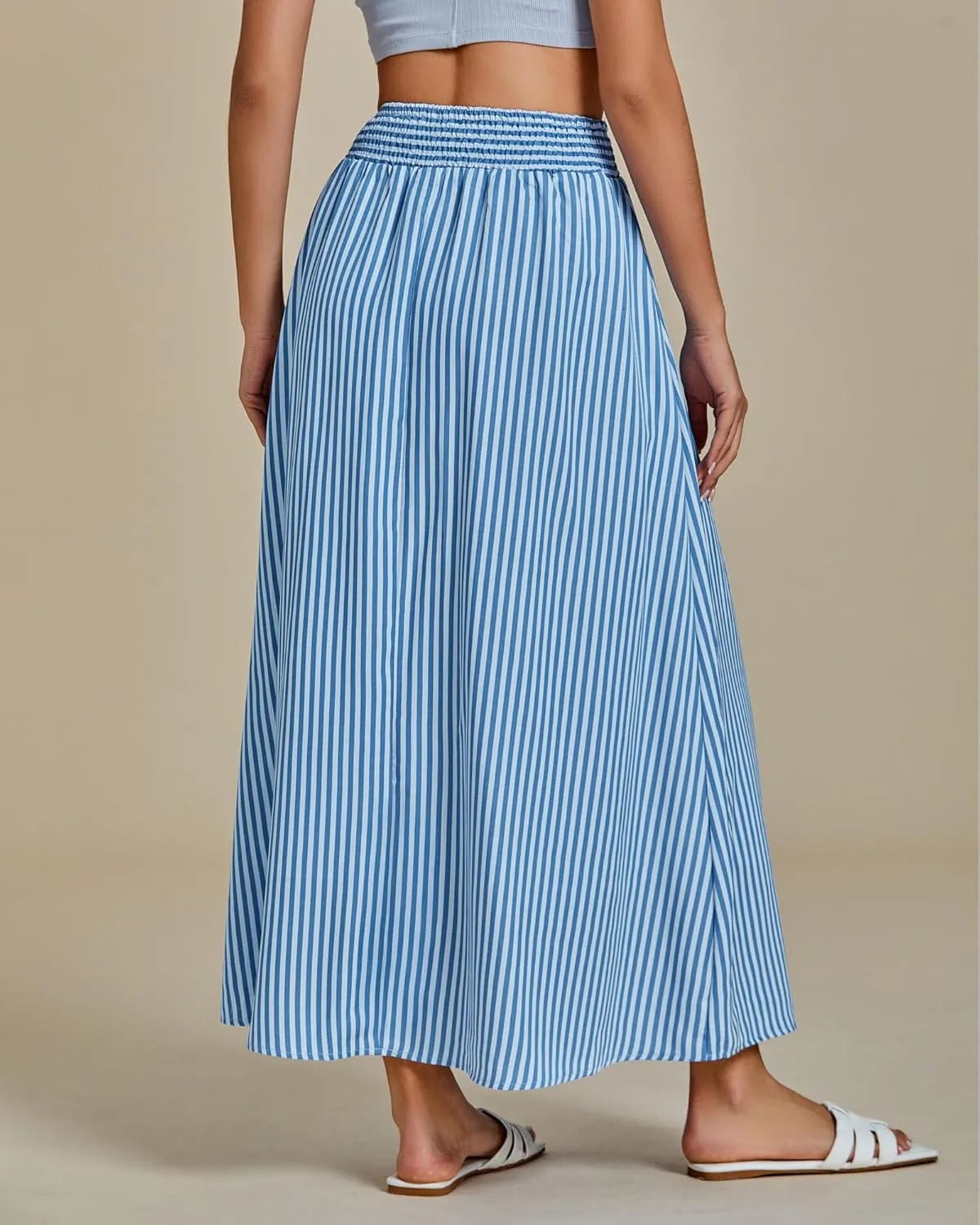 luvamia Striped Skirts for Women Maxi Long Flowy Trendy Smocked Elastic Waist Summer Beach Vacation Skirt with Pockets