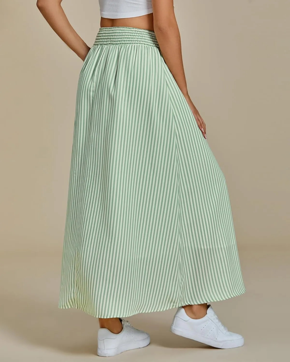 luvamia Striped Skirts for Women Maxi Long Flowy Trendy Smocked Elastic Waist Summer Beach Vacation Skirt with Pockets