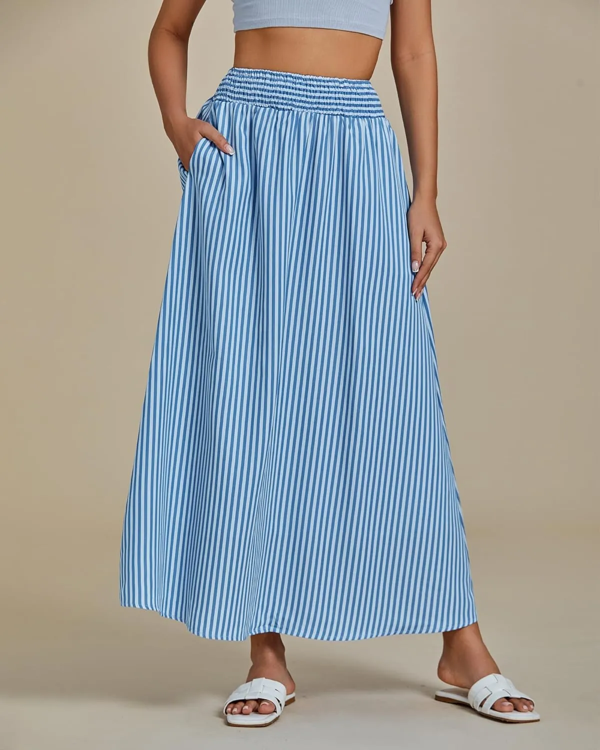 luvamia Striped Skirts for Women Maxi Long Flowy Trendy Smocked Elastic Waist Summer Beach Vacation Skirt with Pockets
