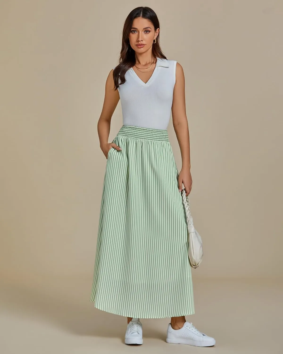 luvamia Striped Skirts for Women Maxi Long Flowy Trendy Smocked Elastic Waist Summer Beach Vacation Skirt with Pockets