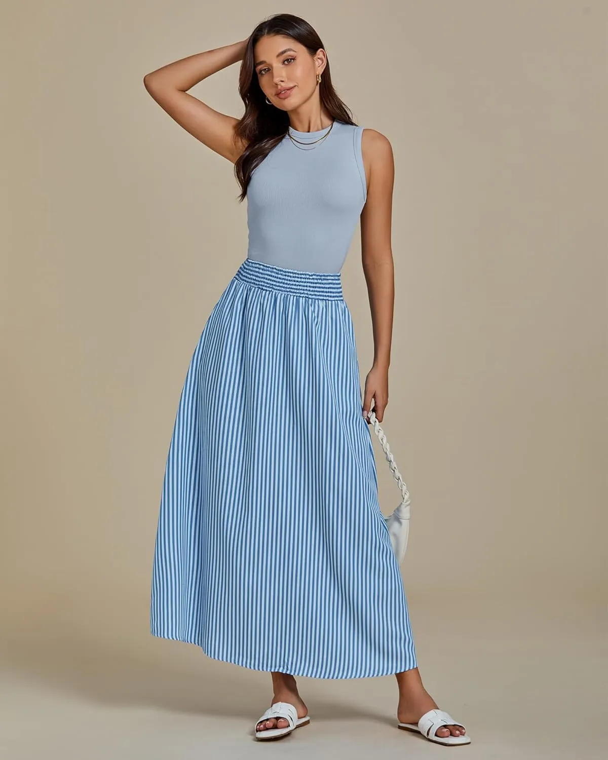 luvamia Striped Skirts for Women Maxi Long Flowy Trendy Smocked Elastic Waist Summer Beach Vacation Skirt with Pockets