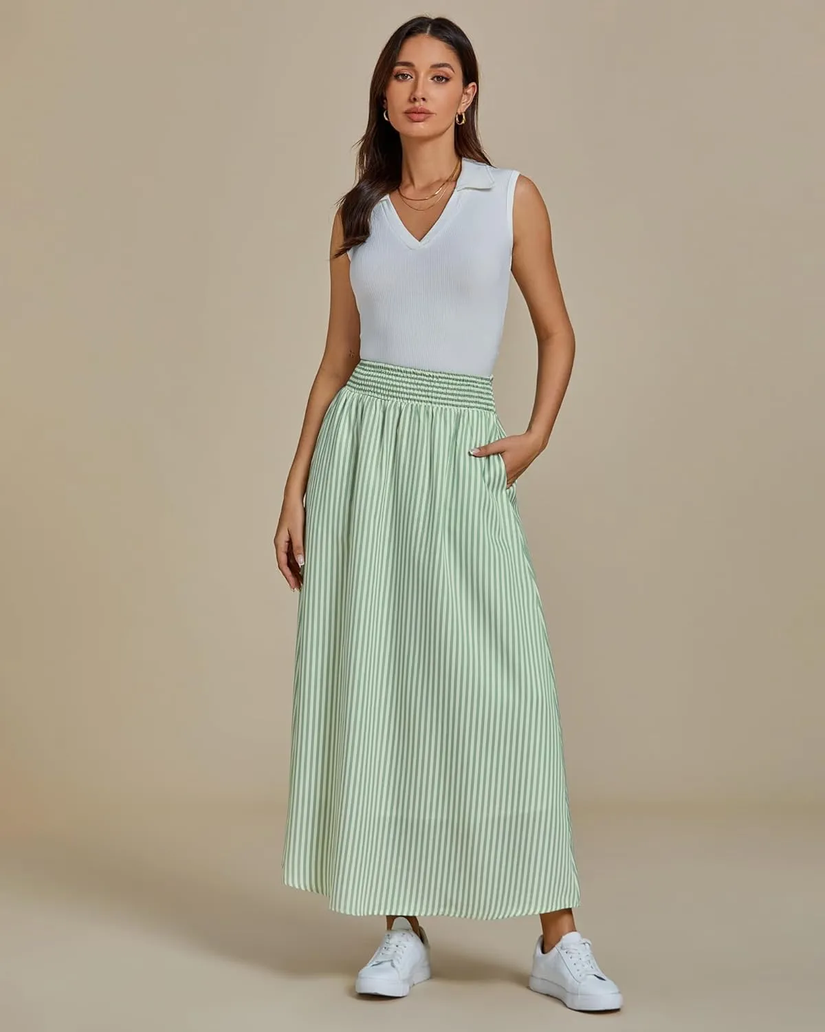 luvamia Striped Skirts for Women Maxi Long Flowy Trendy Smocked Elastic Waist Summer Beach Vacation Skirt with Pockets