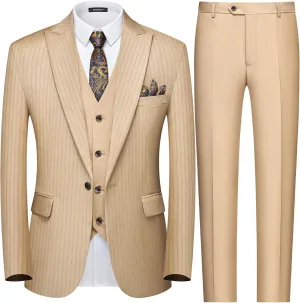 MAGE MALE Mens Pinstripe 3 Piece Suit Slim Fit Single Breasted Tuxedo Business Wedding Party Blazer Vest Pants Set
