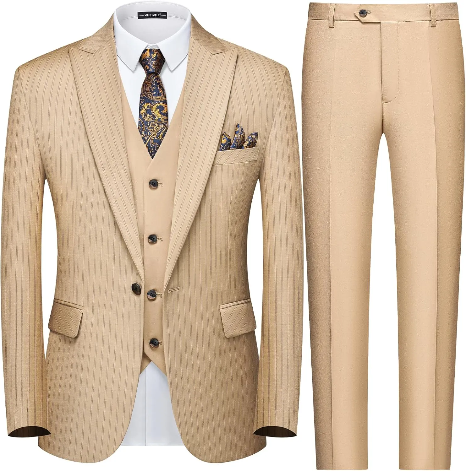 MAGE MALE Mens Pinstripe 3 Piece Suit Slim Fit Single Breasted Tuxedo Business Wedding Party Blazer Vest Pants Set