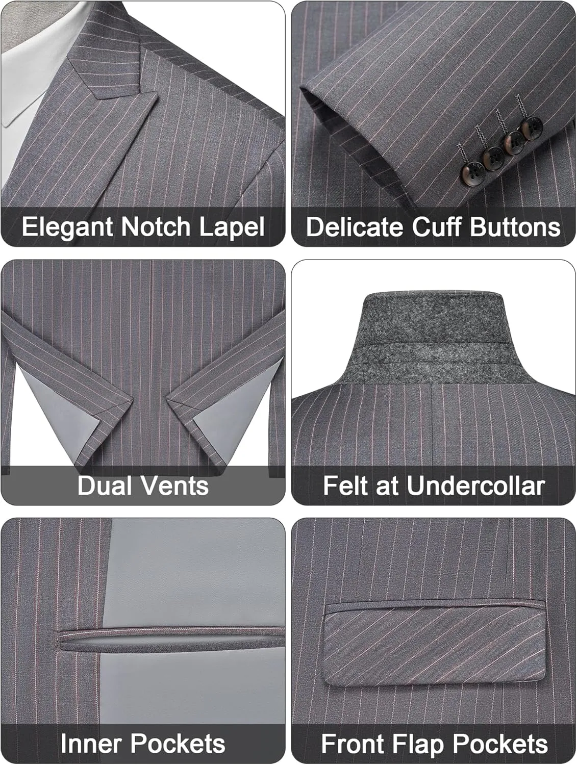 MAGE MALE Mens Pinstripe 3 Piece Suit Slim Fit Single Breasted Tuxedo Business Wedding Party Blazer Vest Pants Set