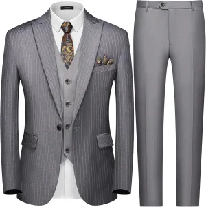 MAGE MALE Mens Pinstripe 3 Piece Suit Slim Fit Single Breasted Tuxedo Business Wedding Party Blazer Vest Pants Set