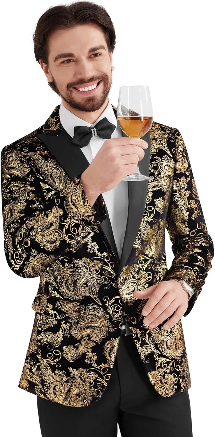 MAGE MALE Men's Velvet Floral Tuxedo Peak Lapel One Button Dinner Party Prom Wedding Suit Jacket