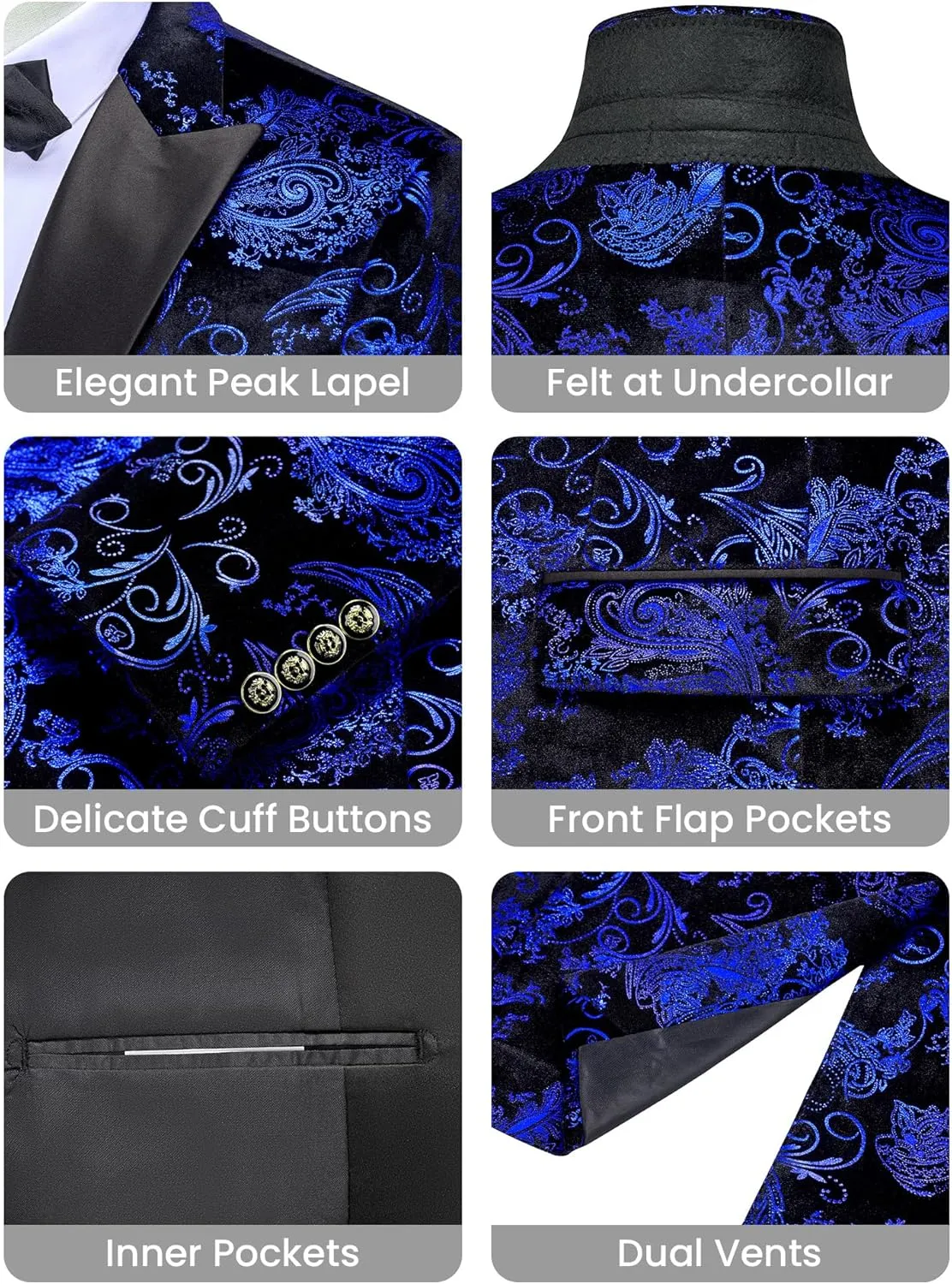 MAGE MALE Men's Velvet Floral Tuxedo Peak Lapel One Button Dinner Party Prom Wedding Suit Jacket