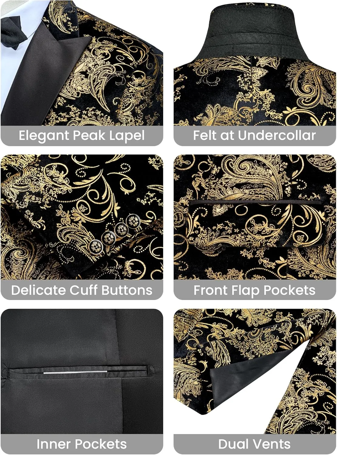 MAGE MALE Men's Velvet Floral Tuxedo Peak Lapel One Button Dinner Party Prom Wedding Suit Jacket