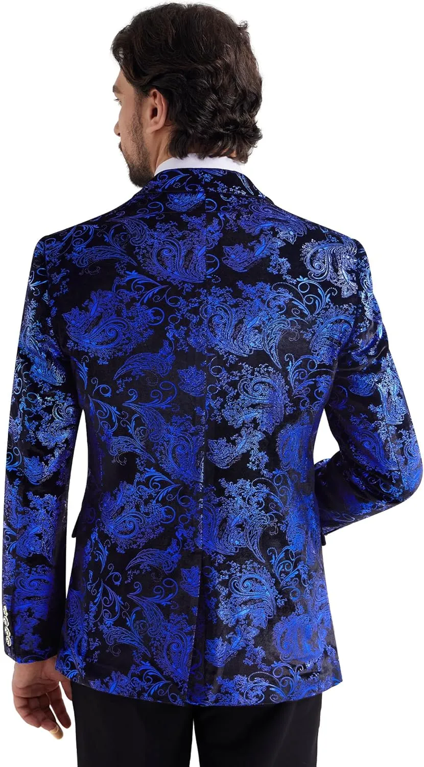 MAGE MALE Men's Velvet Floral Tuxedo Peak Lapel One Button Dinner Party Prom Wedding Suit Jacket