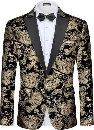 MAGE MALE Men's Velvet Floral Tuxedo Peak Lapel One Button Dinner Party Prom Wedding Suit Jacket