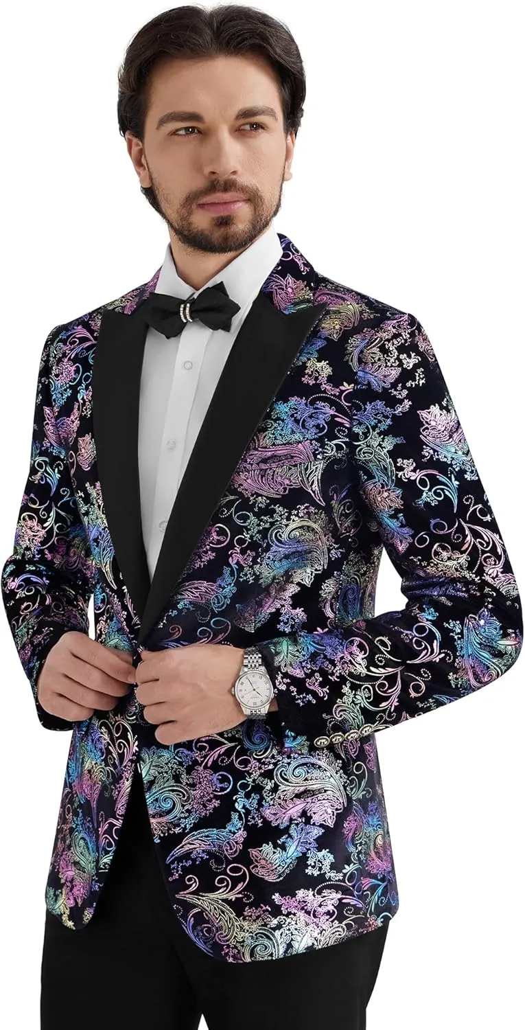 MAGE MALE Men's Velvet Floral Tuxedo Peak Lapel One Button Dinner Party Prom Wedding Suit Jacket