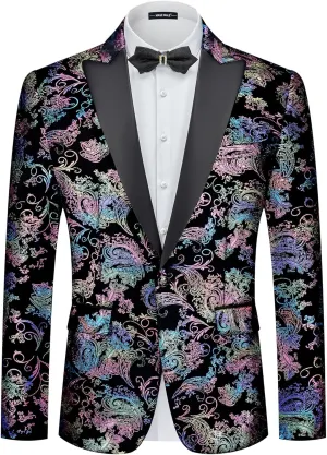 MAGE MALE Men's Velvet Floral Tuxedo Peak Lapel One Button Dinner Party Prom Wedding Suit Jacket