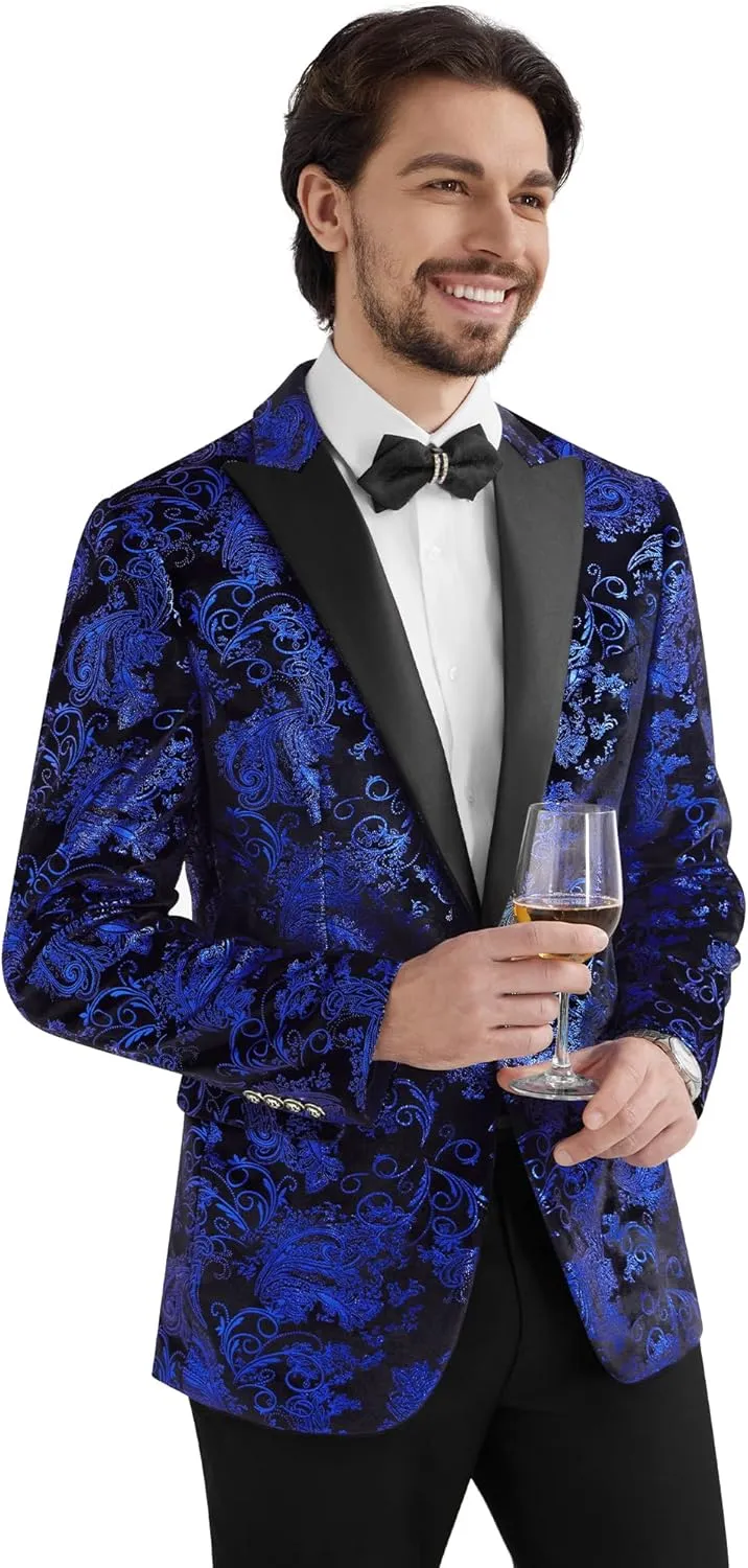MAGE MALE Men's Velvet Floral Tuxedo Peak Lapel One Button Dinner Party Prom Wedding Suit Jacket