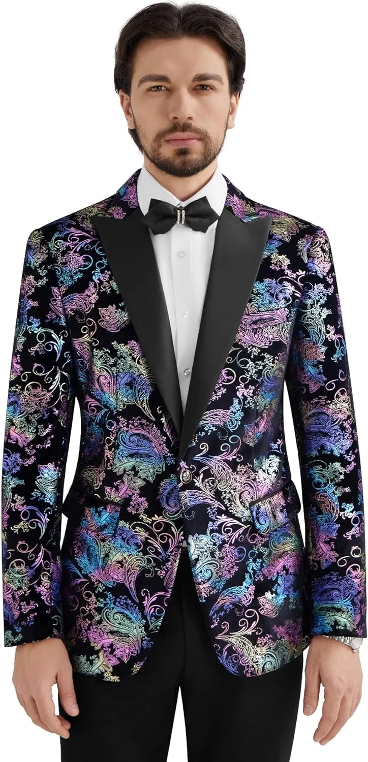 MAGE MALE Men's Velvet Floral Tuxedo Peak Lapel One Button Dinner Party Prom Wedding Suit Jacket
