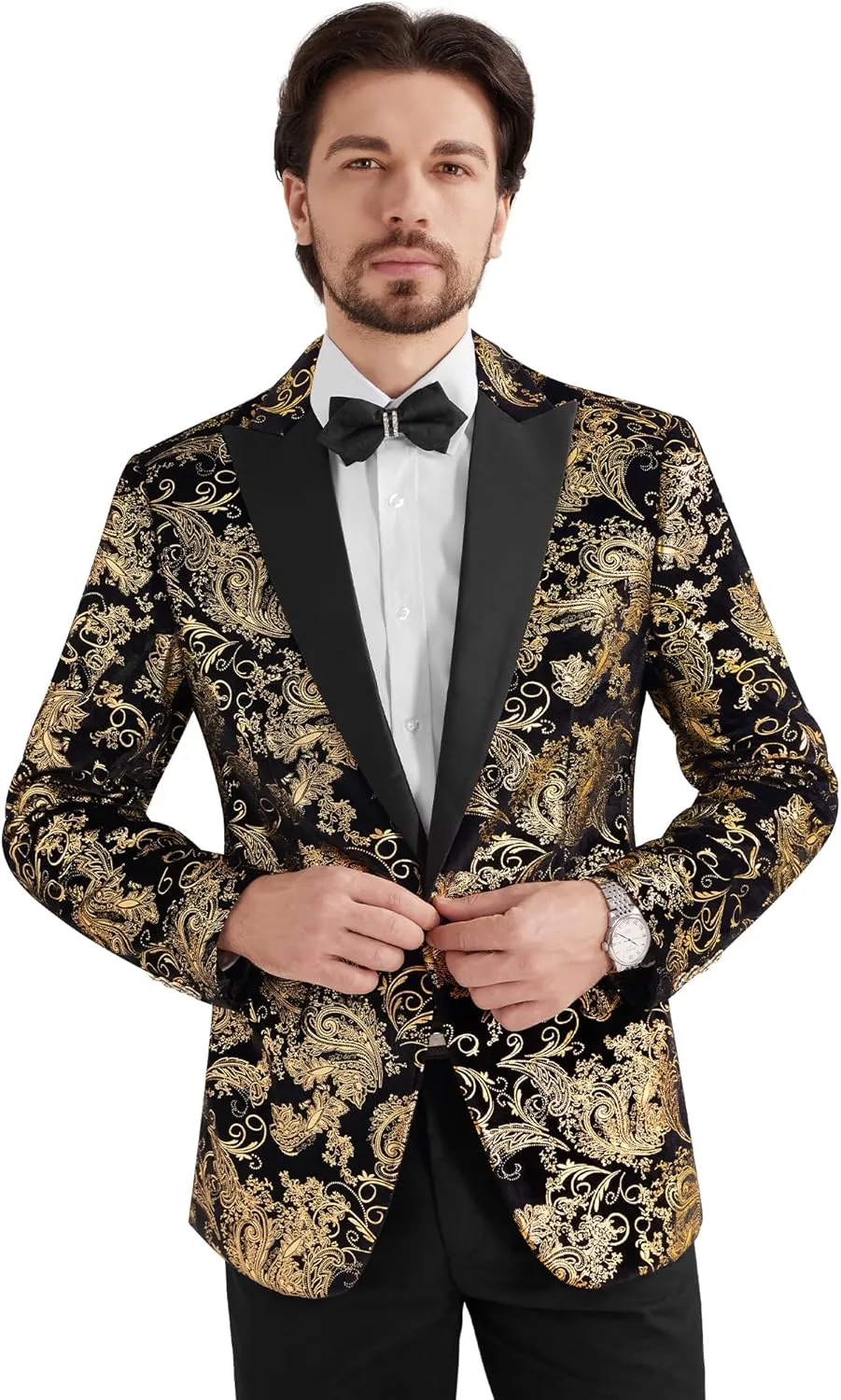 MAGE MALE Men's Velvet Floral Tuxedo Peak Lapel One Button Dinner Party Prom Wedding Suit Jacket