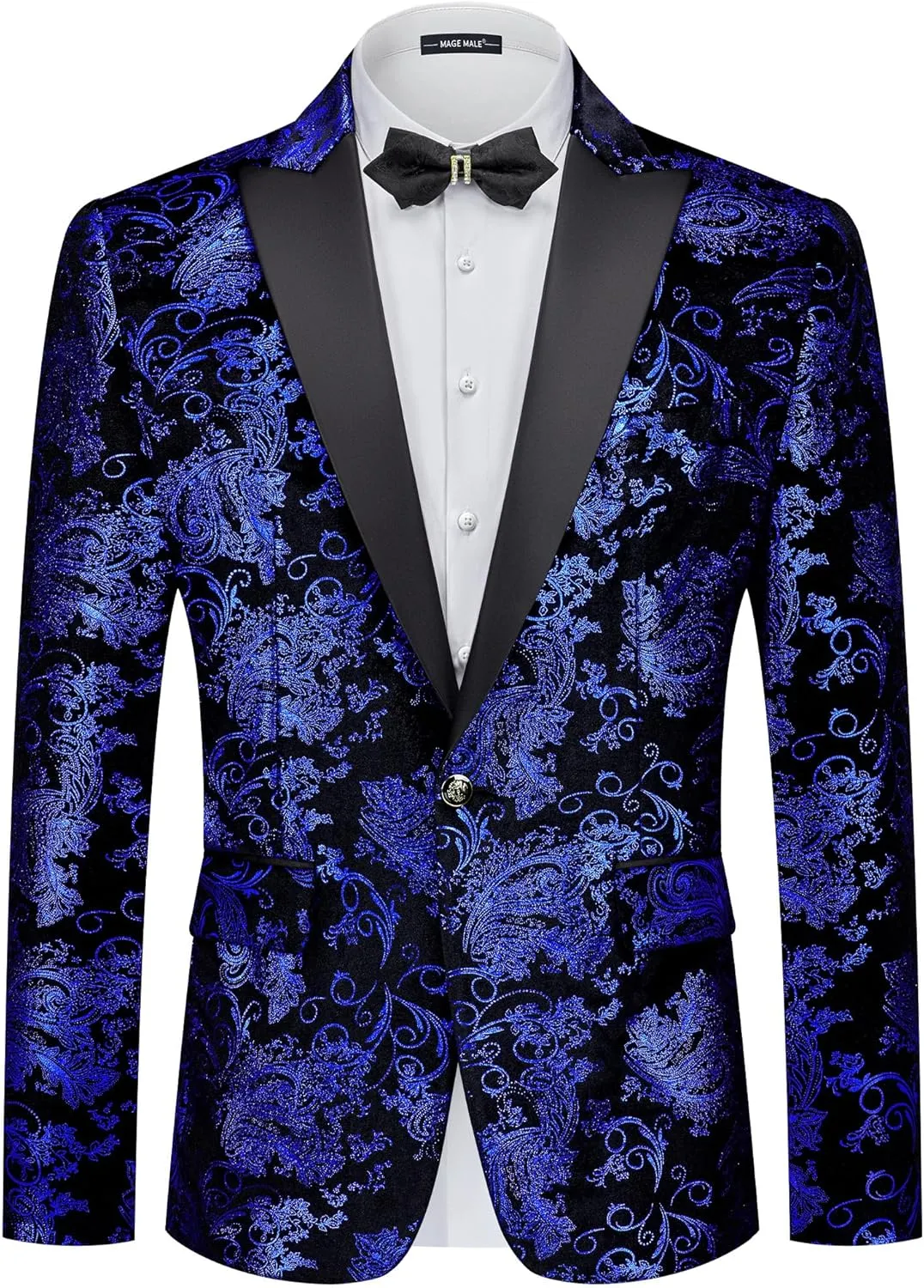 MAGE MALE Men's Velvet Floral Tuxedo Peak Lapel One Button Dinner Party Prom Wedding Suit Jacket