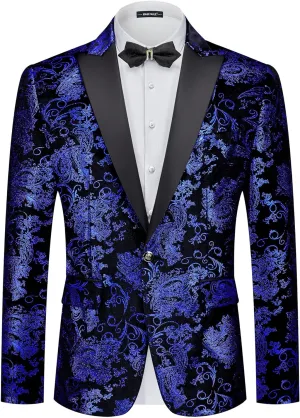 MAGE MALE Men's Velvet Floral Tuxedo Peak Lapel One Button Dinner Party Prom Wedding Suit Jacket