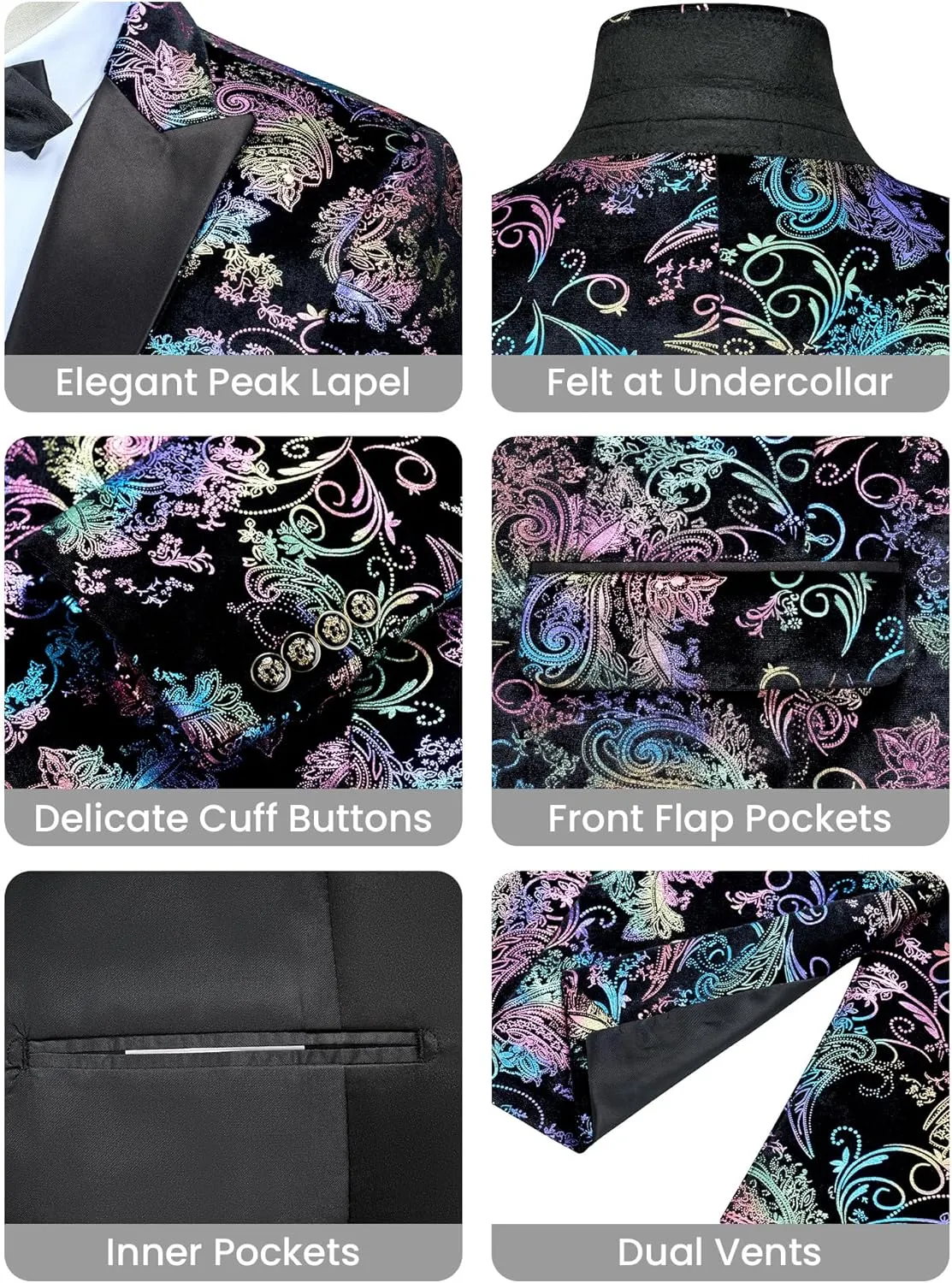 MAGE MALE Men's Velvet Floral Tuxedo Peak Lapel One Button Dinner Party Prom Wedding Suit Jacket