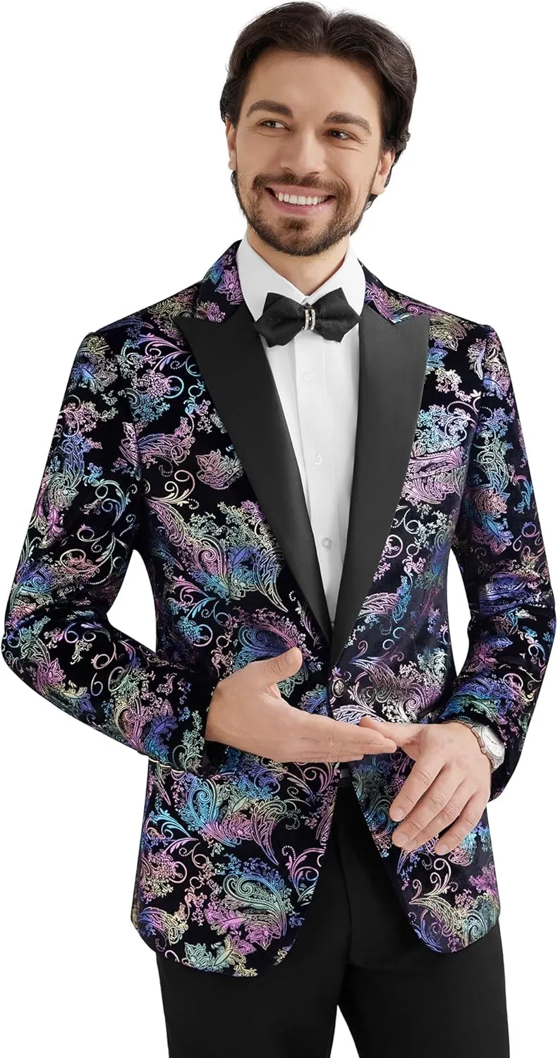 MAGE MALE Men's Velvet Floral Tuxedo Peak Lapel One Button Dinner Party Prom Wedding Suit Jacket