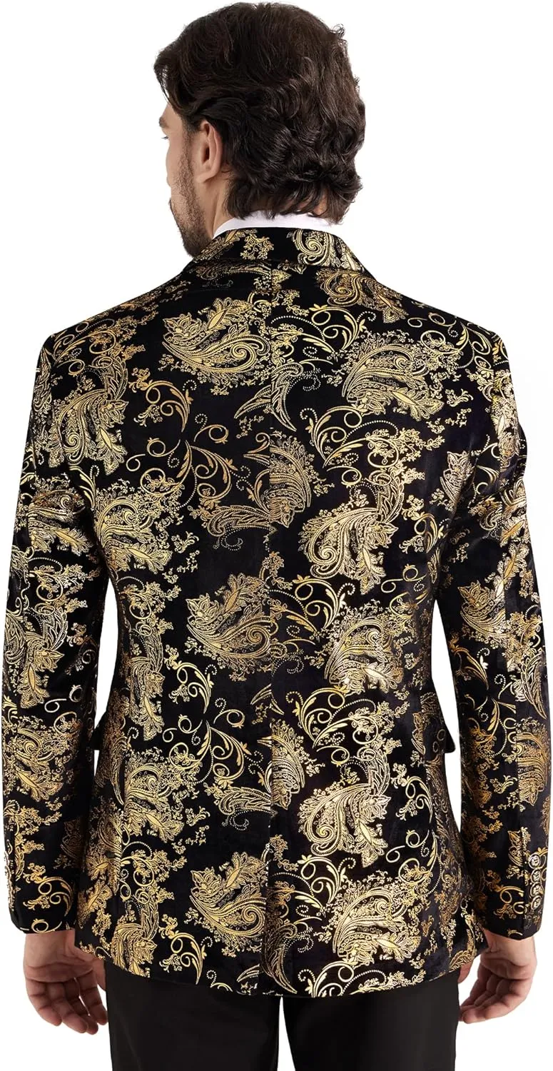 MAGE MALE Men's Velvet Floral Tuxedo Peak Lapel One Button Dinner Party Prom Wedding Suit Jacket