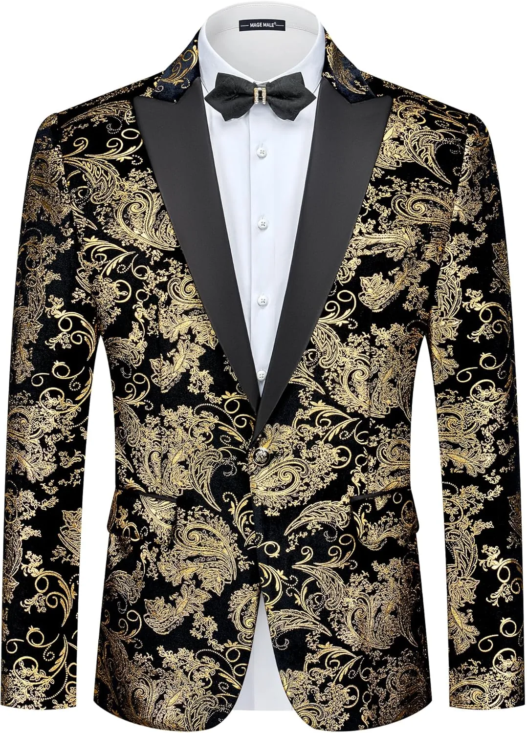 MAGE MALE Men's Velvet Floral Tuxedo Peak Lapel One Button Dinner Party Prom Wedding Suit Jacket