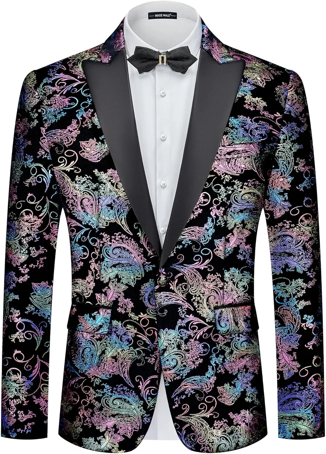 MAGE MALE Men's Velvet Floral Tuxedo Peak Lapel One Button Dinner Party Prom Wedding Suit Jacket