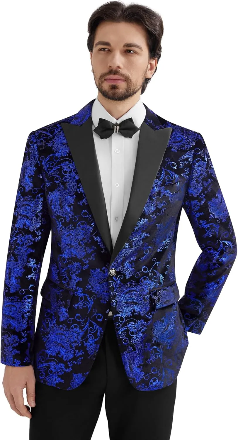 MAGE MALE Men's Velvet Floral Tuxedo Peak Lapel One Button Dinner Party Prom Wedding Suit Jacket
