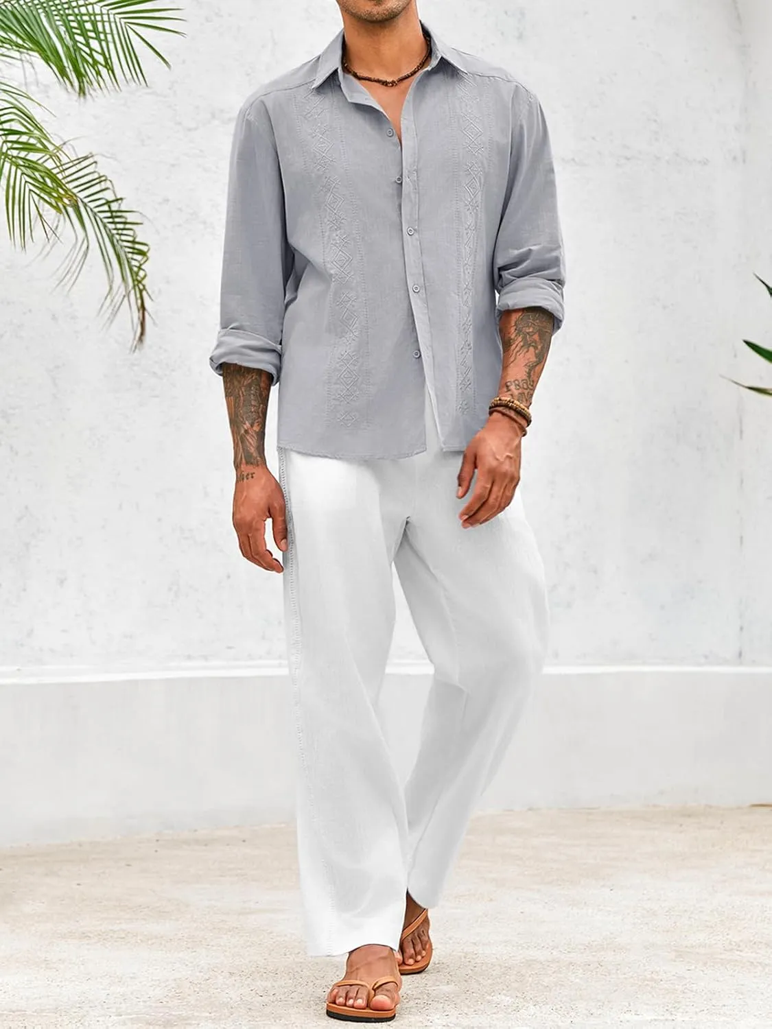 Makkrom Men's Casual Cotton Linen Button Down Shirts Cuban Guayabera Shirt Long Sleeve Summer Beach Tops