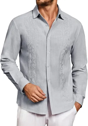 Makkrom Men's Casual Cotton Linen Button Down Shirts Cuban Guayabera Shirt Long Sleeve Summer Beach Tops