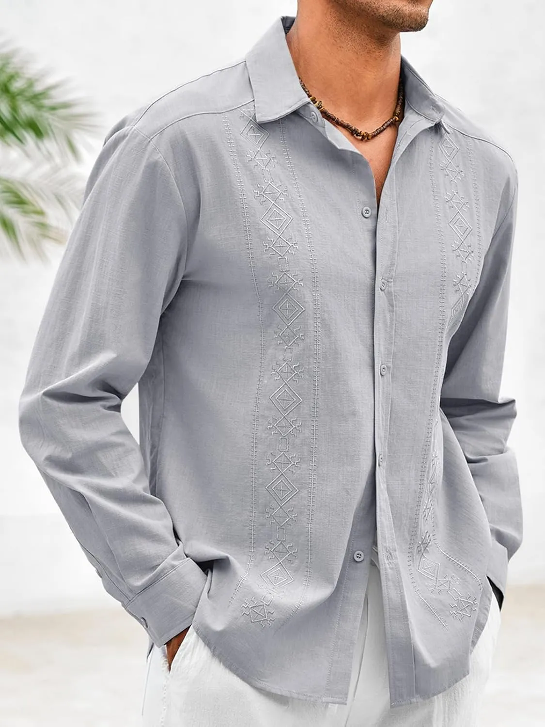 Makkrom Men's Casual Cotton Linen Button Down Shirts Cuban Guayabera Shirt Long Sleeve Summer Beach Tops