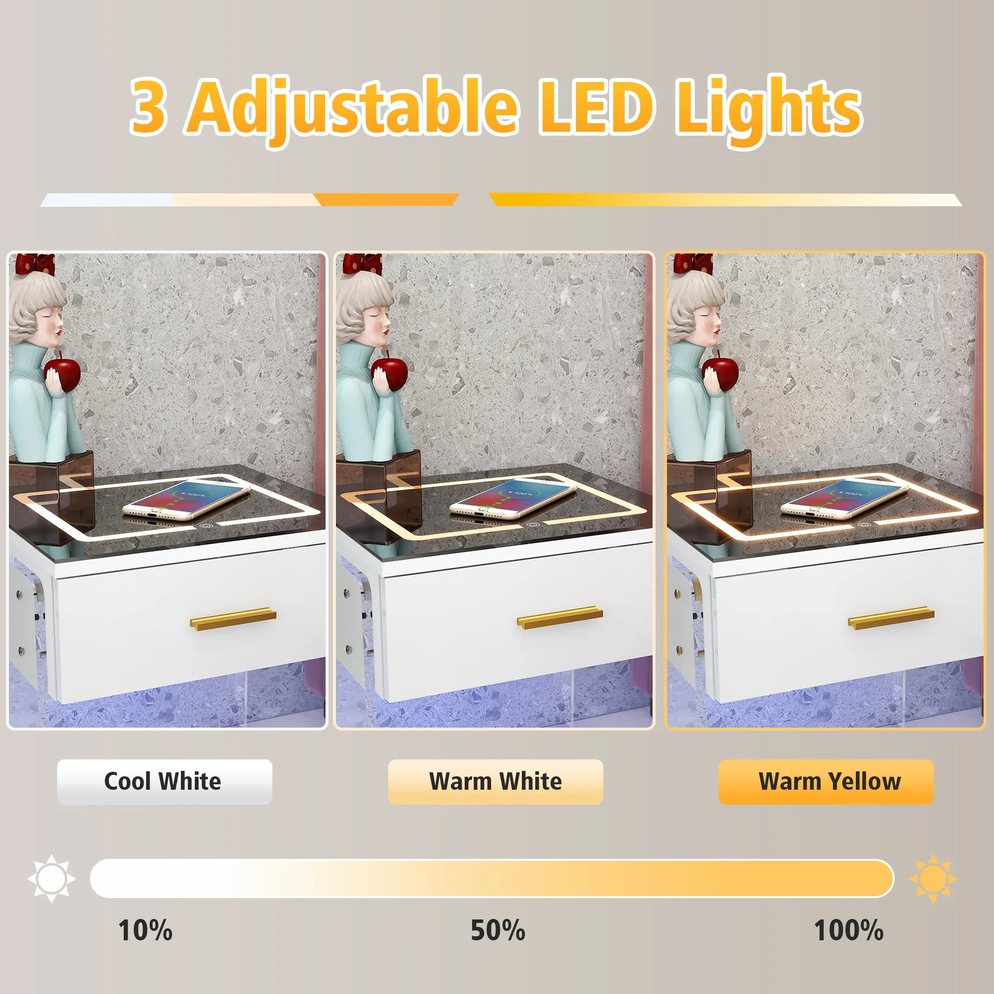 Maxi LED Nightstand with Wireless Charging Station - White