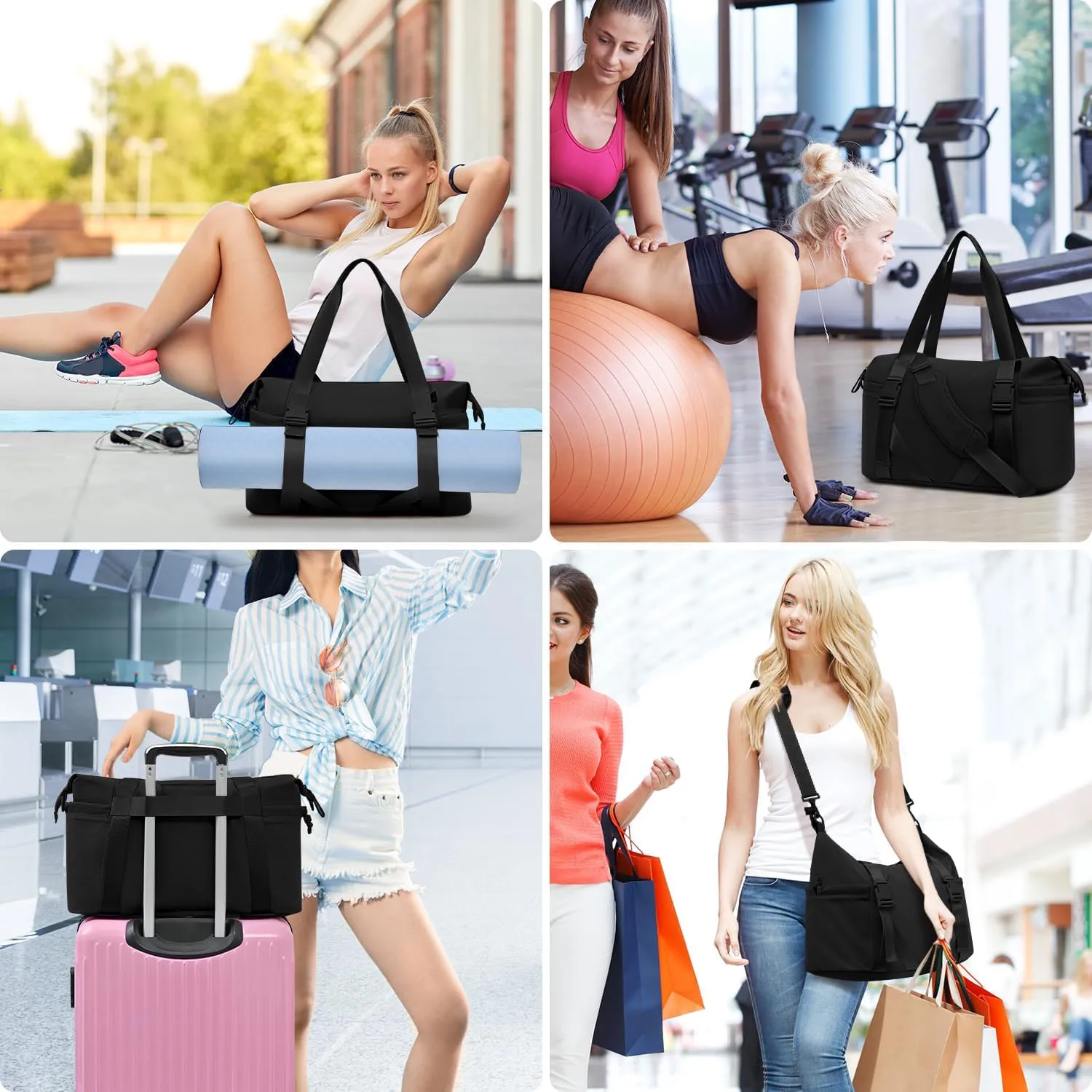 MAXTOP Women's Gym Yoga Duffle Bag with Shoe Pouch,Multi-Purpose Overnight Travel Bag for Gym,Work, Dance, Sports