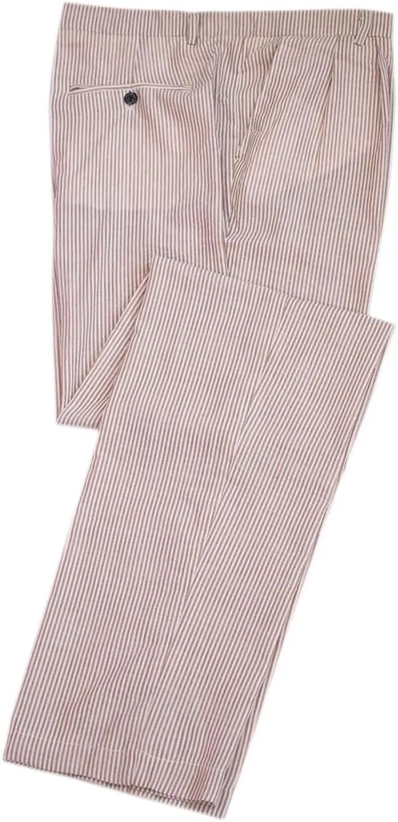 Men Seersucker Pinstripe Pants Mid Waist Ankle Length Pleated Front Lightweight