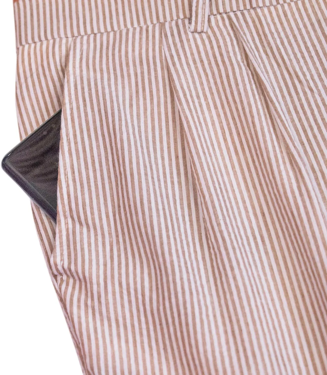 Men Seersucker Pinstripe Pants Mid Waist Ankle Length Pleated Front Lightweight