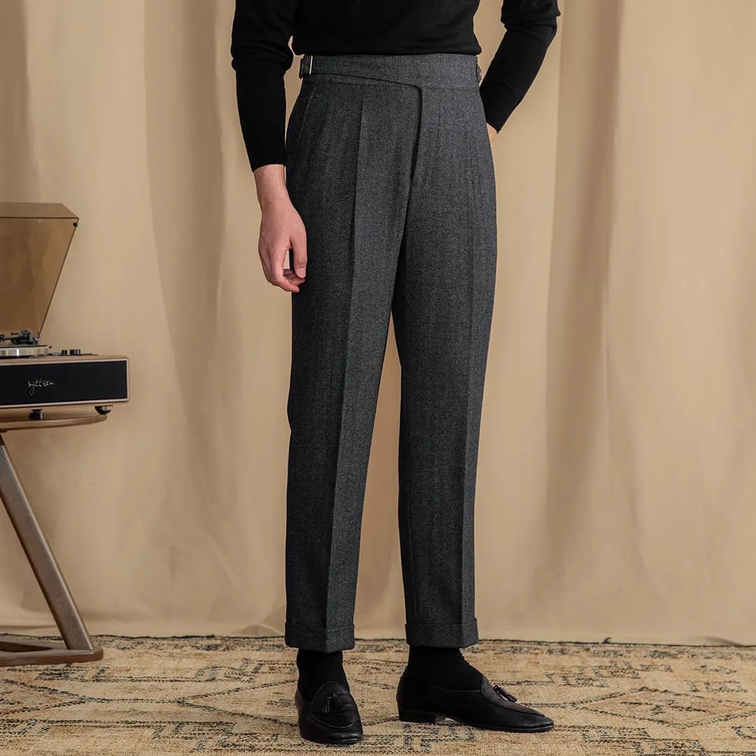 Men Trousers Vintage Tweed Blend Pants Herringbone Slim Fit Pleat-Front Pant