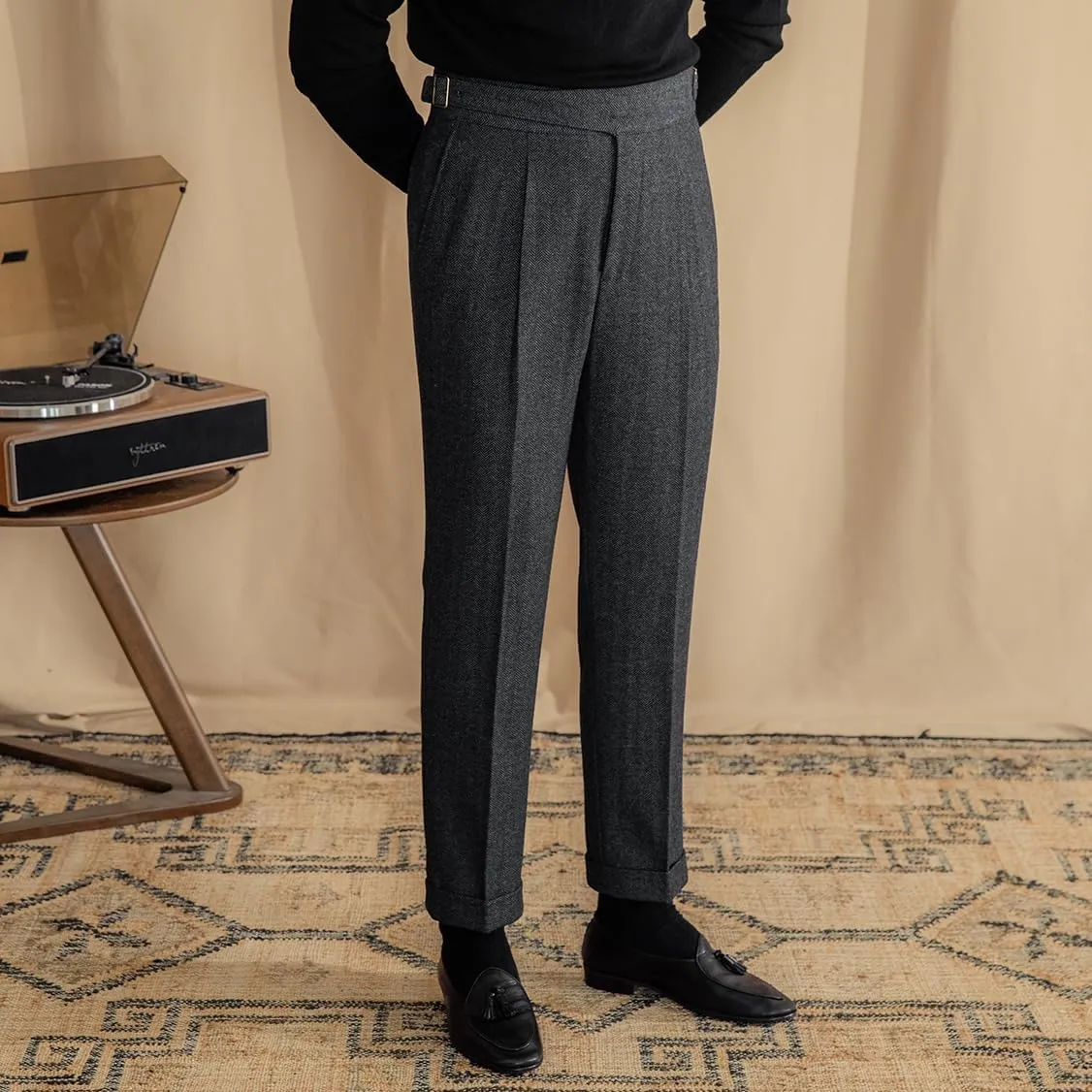 Men Trousers Vintage Tweed Blend Pants Herringbone Slim Fit Pleat-Front Pant
