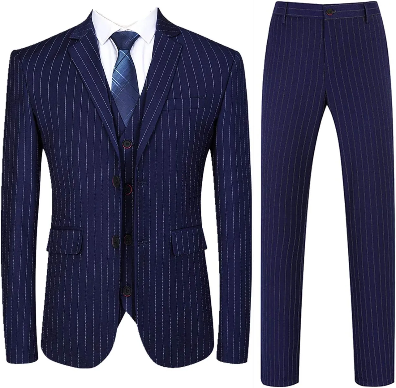 Mens 3 Piece Pinstripe Suit Slim Fit Casual Dress Suits Blazer   Vest   Pants