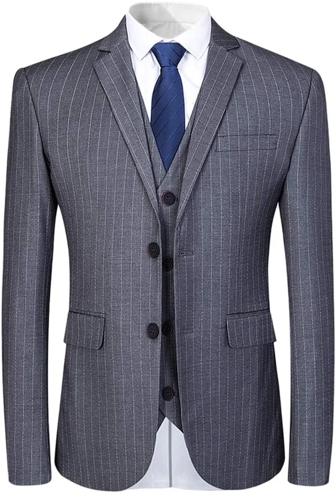 Mens 3 Piece Suit Formal Pinstripe Slim Fit Notched Lapel Dress Blazer Vest Trousers Set