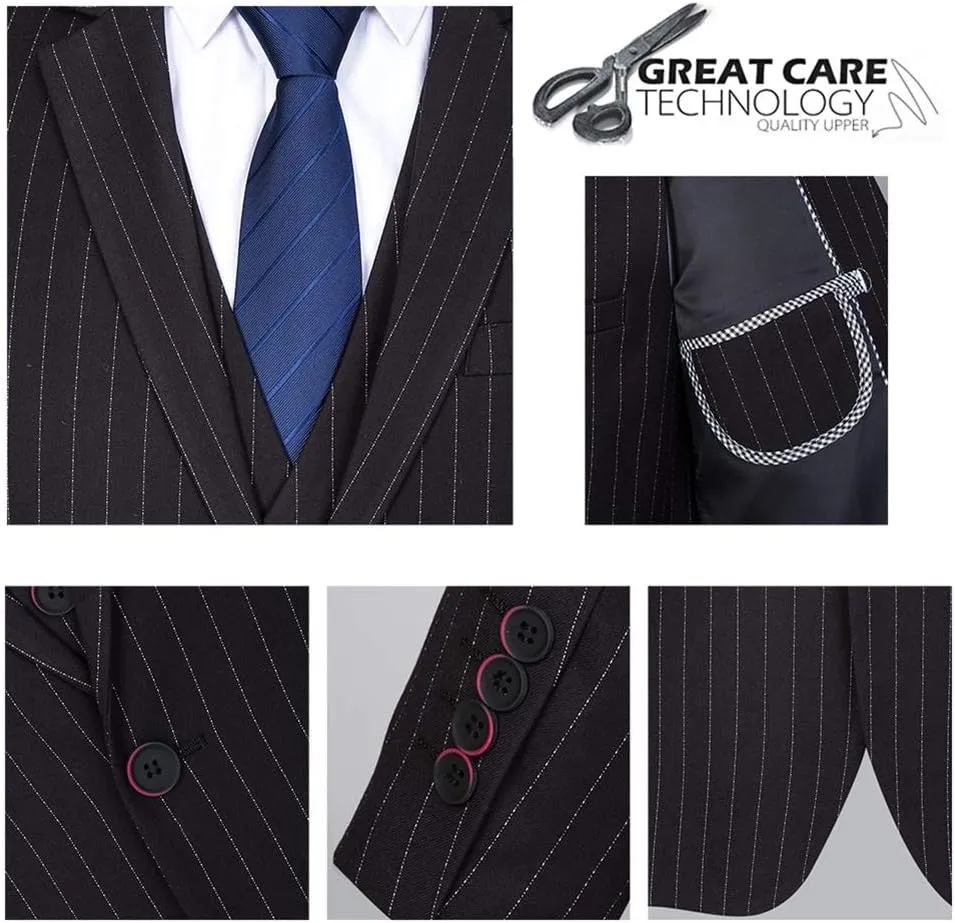 Mens 3 Piece Suit Formal Pinstripe Slim Fit Notched Lapel Dress Blazer Vest Trousers Set