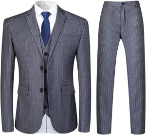 Mens 3 Piece Suit Formal Pinstripe Slim Fit Notched Lapel Dress Blazer Vest Trousers Set