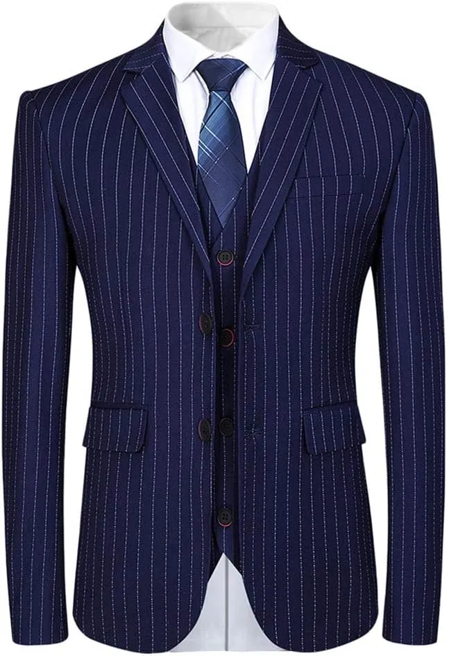 Mens 3 Piece Suit Formal Pinstripe Slim Fit Notched Lapel Dress Blazer Vest Trousers Set
