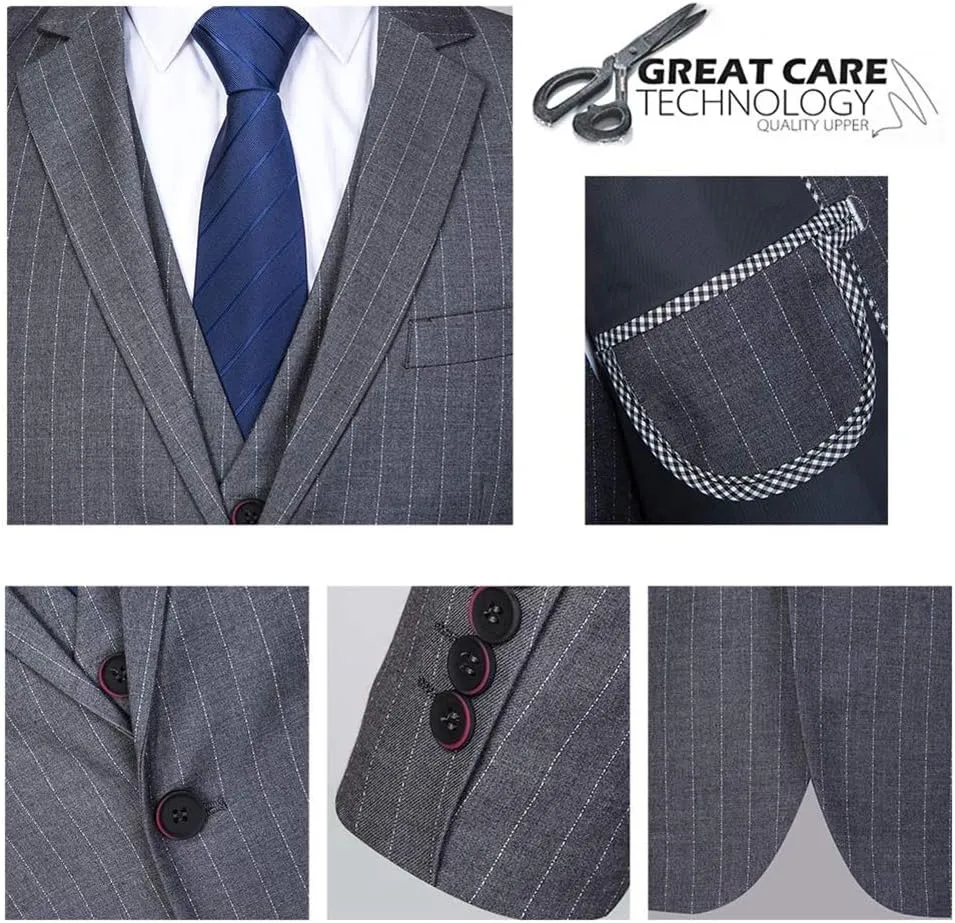 Mens 3 Piece Suit Formal Pinstripe Slim Fit Notched Lapel Dress Blazer Vest Trousers Set